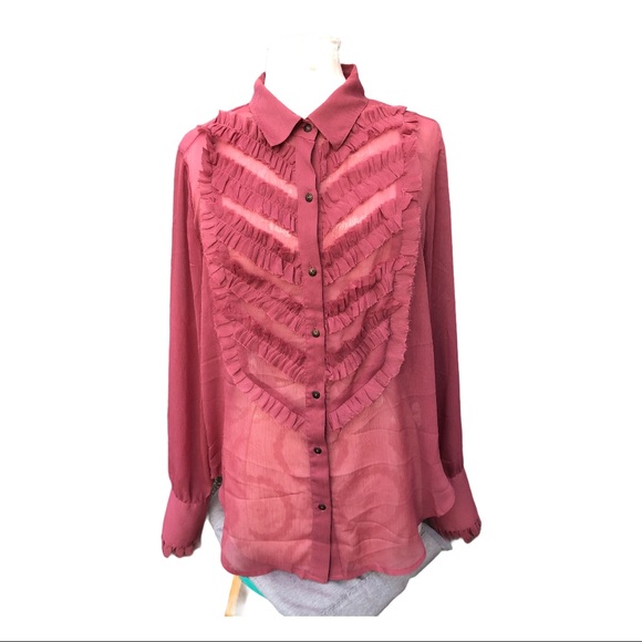 Free People ~ Sheer Button down Ruffle Top - Picture 3 of 9